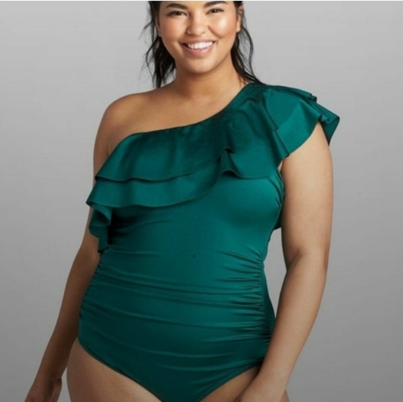 Cacique Collection Onepiece One Shoulder Ruffle Rouched Slimming Panel Modest 26 - Picture 3 of 11